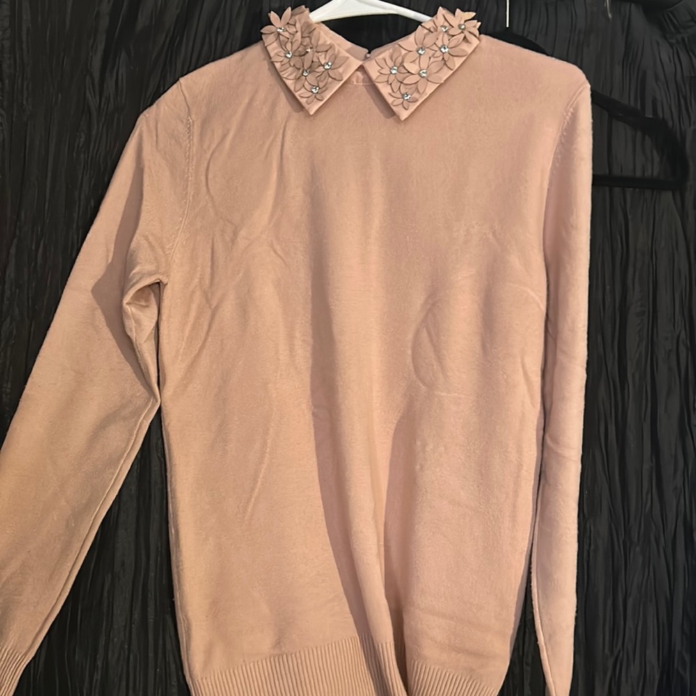 Dressy Pink Sweater with Flower Neck Detail